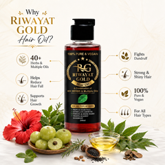 Riwayat Gold hair oil bottle with ingredients and benefits on a white background