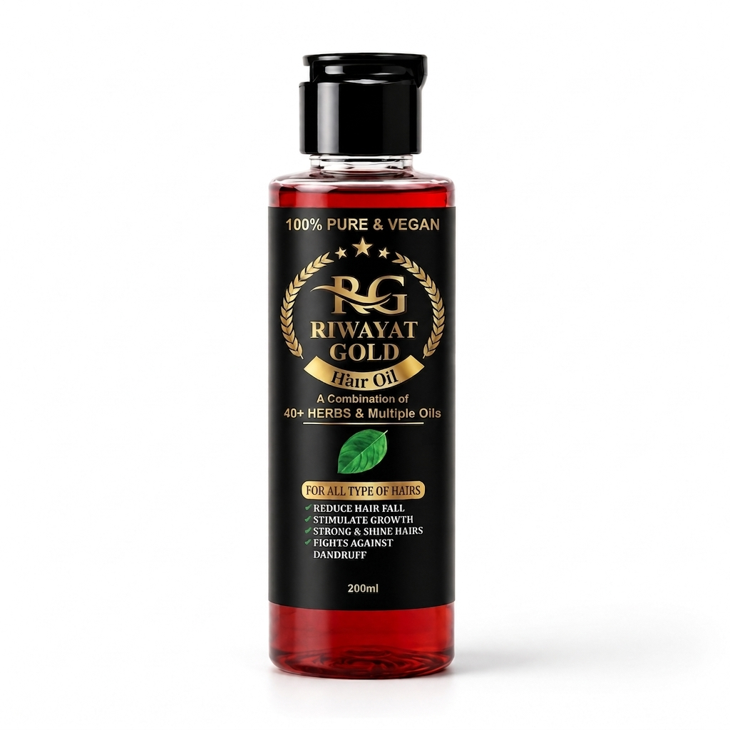 Bottle of Riwayat Gold hair oil with black label on a white background