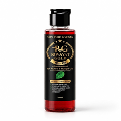 Bottle of Riwayat Gold hair oil with black label on a white background