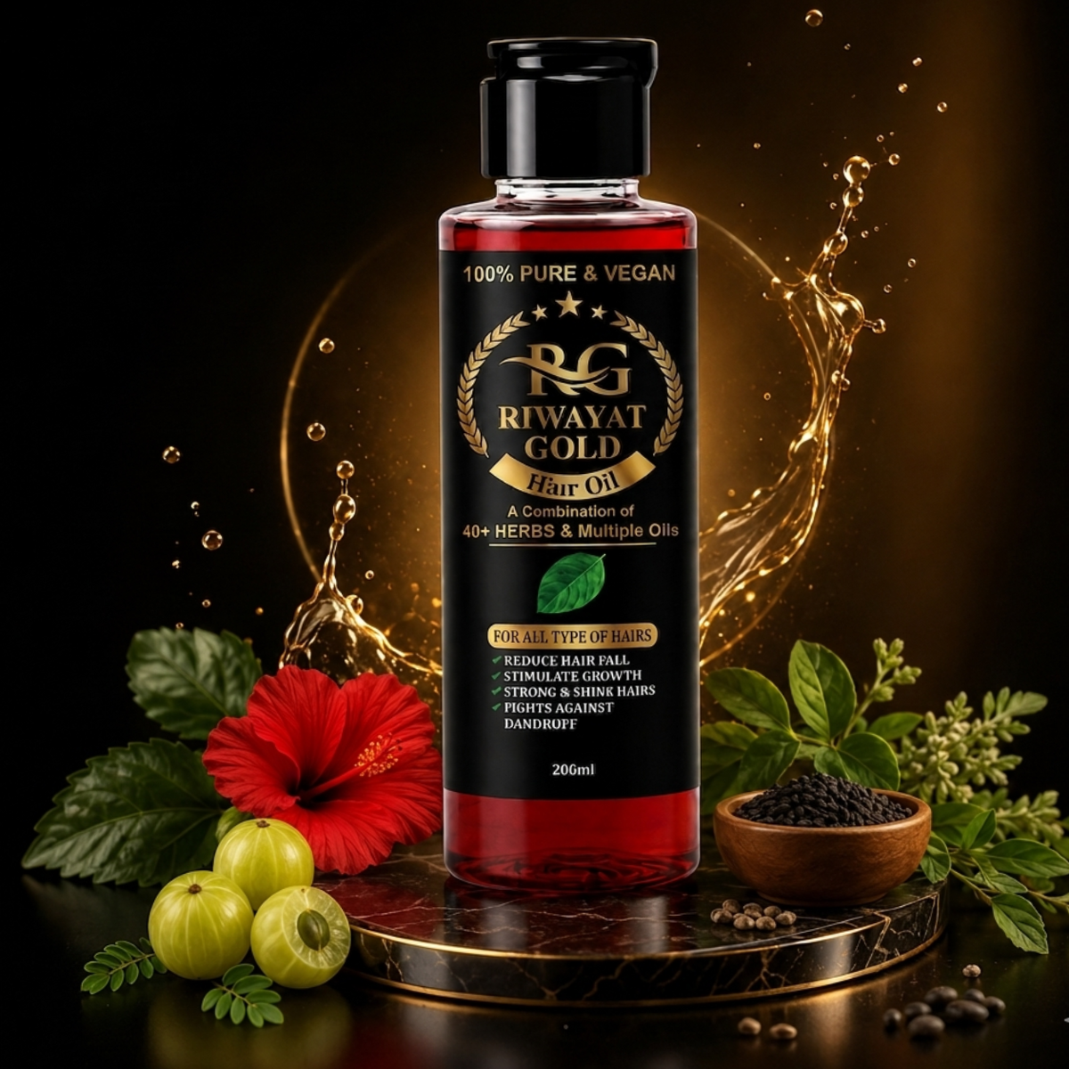 Riwayat Gold hair oil bottle with herbs and flowers on a dark background